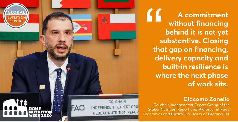 Caption: 28 May 2026. Rome, Italy. Giacomo Zanello, Co-chair of the Global Nutrition Report's Independent Expert Group, talks during the Thematic Session 2 - Launch of the Global Nutrition Report: Integrating Food and Health Systems to Deliver Nutrition Amidst Climate Change. FAO Headquarters (Green Room). Photo credit: ©FAO/Pier Paolo Cito.