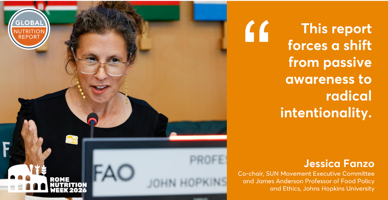Caption: 28 May 2026. Rome, Italy. Jessica Fanzo, Professor of Climate and Food Policy at Johns Hopkins University and Co-chair of the Executive Committee of the Scaling Up Nutrition Movement, talks during the Thematic Session 2 - Launch of the Global Nutrition Report: Integrating Food and Health Systems to Deliver Nutrition Amidst Climate Change. FAO Headquarters (Green Room). Photo credit: ©FAO/Pier Paolo Cito.