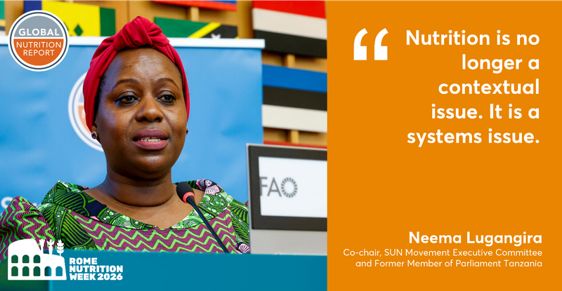 Caption: 28 May 2026. Rome, Italy. Neema Lugangira, Co-chair of the Executive Committee of the Scaling Up Nutrition Movement, former Member of Parliament in Tanzania, Secretary-General of Women Political Leaders, and United Against Malnutrition and Hunger Expert Adviser, talks during Thematic Session 2 - Launch of the Global Nutrition Report: Integrating Food and Health Systems to Deliver Nutrition Amidst Climate Change. FAO Headquarters (Green Room). Photo credit: ©FAO/Pier Paolo Cito.
