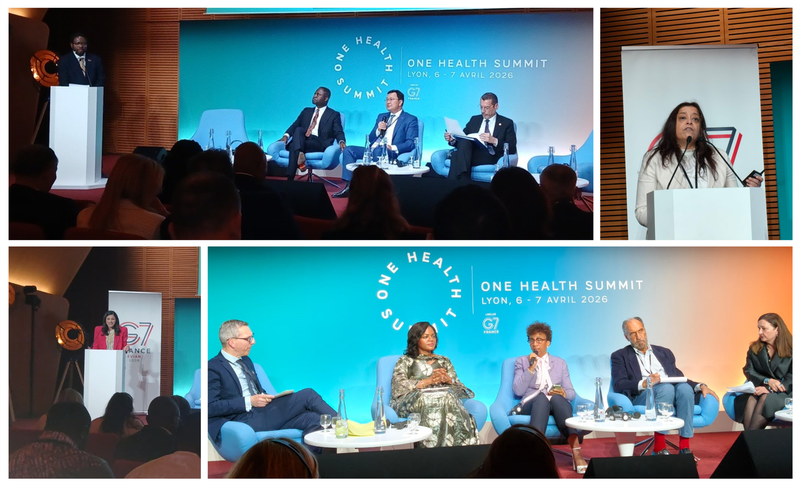 Photos from the One Health Summit in Lyon (left to right): Director General of the International Livestock Research Institute moderates a panel on sustainable food systems with the Ministers of Health from Ghana and Cyprus and the Minister of Agriculture from the Kingdom of Cambodia; Dr Shibani Ghosh, Co-chair of the GNR's Independent Expert Group, presents on nutrition commitments from the N4G 2025 Summit; Éléonore Caroit, Minister Delegate for Francophonie, International Partnerships, and French Nationals Abroad under the Minister for Europe and Foreign Affairs, speaks about France's leadership of the N4G 2025 Summit; and the Executive Director from Global Health Advocates moderates a panel on progress since the Summit, with Minister of Health from Guinea, the SUN Focal Point from Ivory Coast, the Deputy Director-General of EU-INTPA and the President of Action Against Hunger.