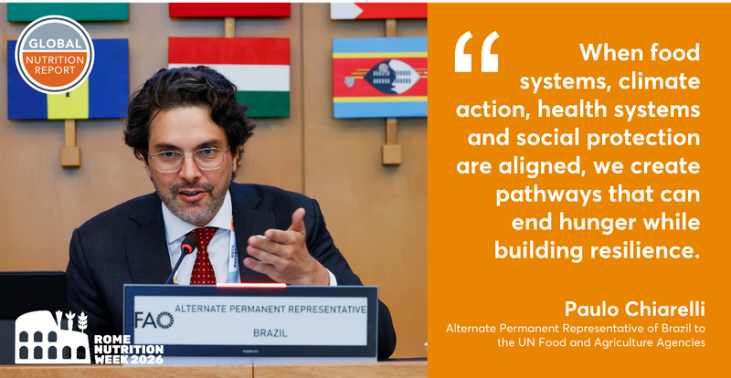 Caption: 28 May 2026. Rome, Italy. Paulo Chiarelli, Alternate Permanent Representative of Brazil to the UN Food and Agriculture Agencies, talks during the Thematic Session 2 - Launch of the Global Nutrition Report: Integrating Food and Health Systems to Deliver Nutrition Amidst Climate Change. FAO Headquarters (Green Room). Photo credit: ©FAO/Pier Paolo Cito.