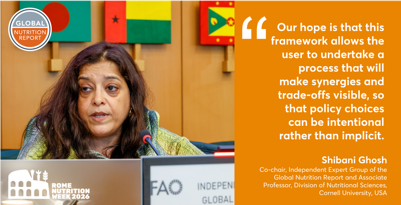 Caption: 28 May 2026. Rome, Italy. Shibani Ghosh, Co-chair of the Global Nutrition Report's Independent Expert Group, talks during the Thematic Session 2 - Launch of the Global Nutrition Report: Integrating Food and Health Systems to Deliver Nutrition Amidst Climate Change. FAO Headquarters (Green Room). Photo credit: ©FAO/Pier Paolo Cito.