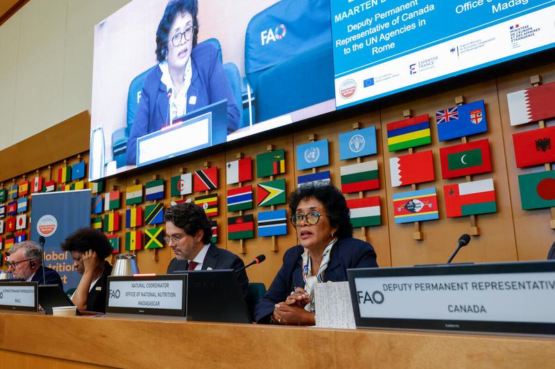 Fanja Rakotondrainibe (right), Madagascar's National Nutrition Coordinator, outlines how nutrition is being embedded across national policy frameworks and early warning systems as the country responds to recurring climate shocks. Photo: ©FAO/Pier Paolo Cito